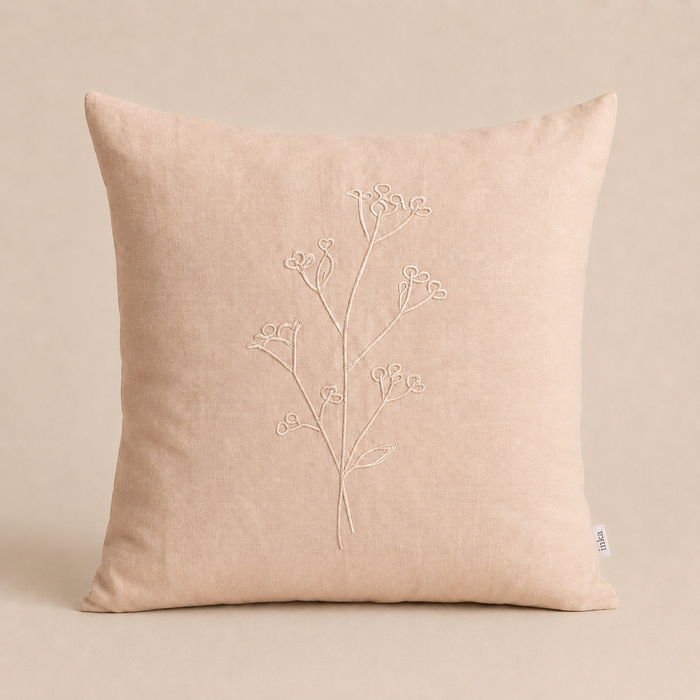 Wild Stem Embroidered Linen Cushion 45cm in Blush Oat