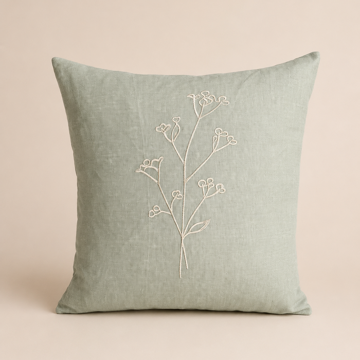 Wild Stem Embroidered Linen Cushion 45cm in Meadow Green