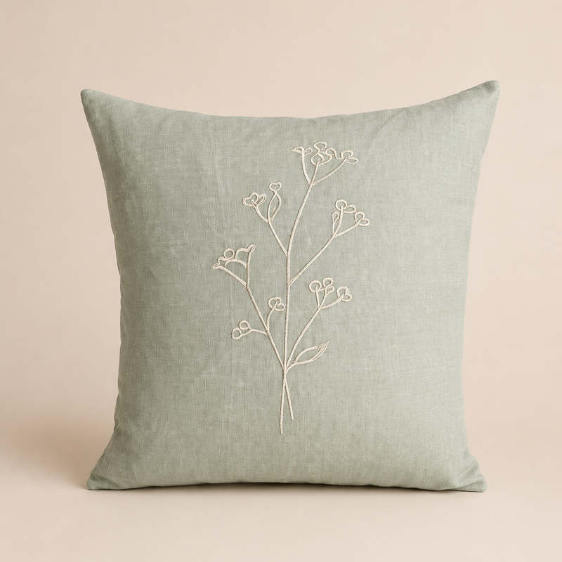 Wild Stem Embroidered Linen Cushion 45cm