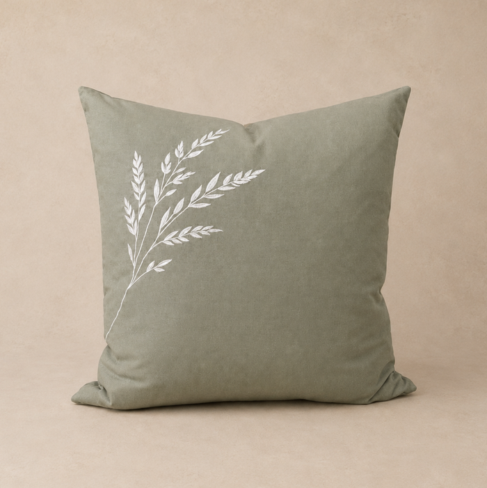 Drift Stem Embroidered Cushion 45cm in Dusty Olive