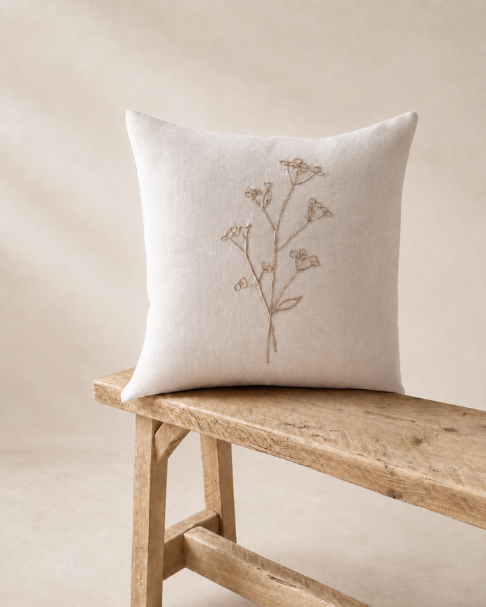 Wild Stem Embroidered Linen Cushion 45x45cm