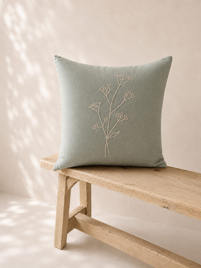 Wild Stem Embroidered Linen Cushion 45x45cm